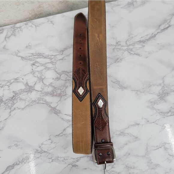 Nocona Men's Tan Top Hand Leather Western Belt with Concho Laced Billet - Picture 10 of 14